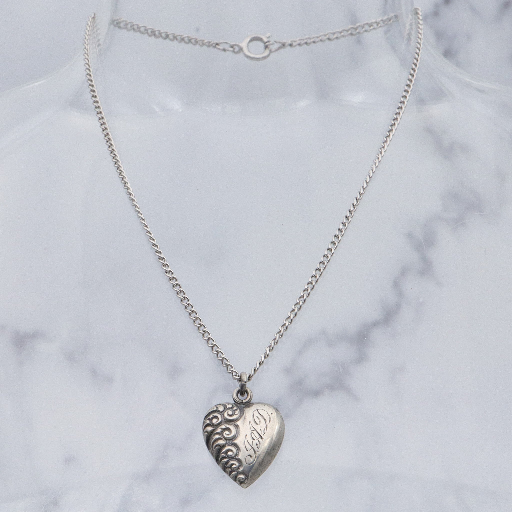 Antique Victorian repousse puffy heart charm pendant with monogram “J.A.D”